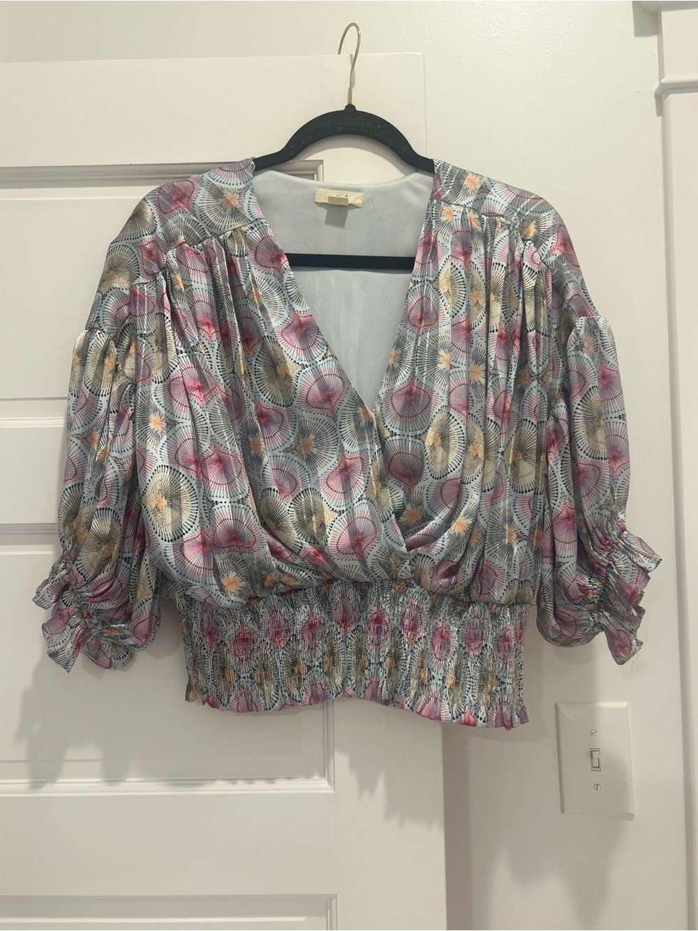 Smocked Waist V-Neck Blouse in Pink Multi